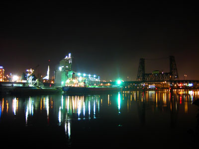 Steel Bridge, Grain Elevators, Ship at Night, Portland, OR, January 2008