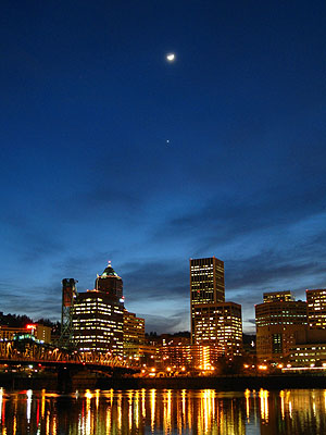 Downtown Portland with Venus and Crescent Moon