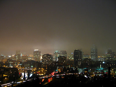 Portland Night Skyline in Fog