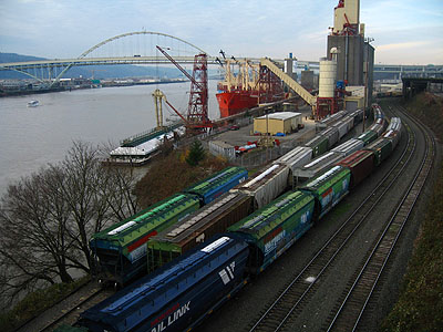 Railcars and Ship from Broadway Bridge