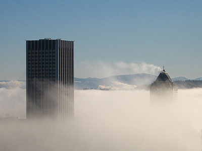 Wells Fargo and Koin Towers in Fog